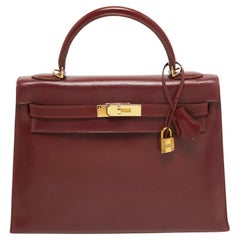 Hermes Rouge H Box Calf Leather Gold Finish Kelly Sellier 32 Bag