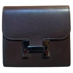 Hermès Rouge H Box Calfskin Constance Compact Wallet Silver Hardware 2018