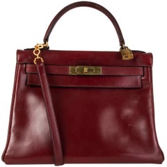 HERMES Rouge H burgundy Box KELLY I 28 RETOURNE Bag VINTAGE