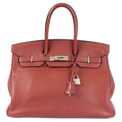 HERMES Rouge H burgundy Clemence leather BIRKIN 35 Bag w Palladium