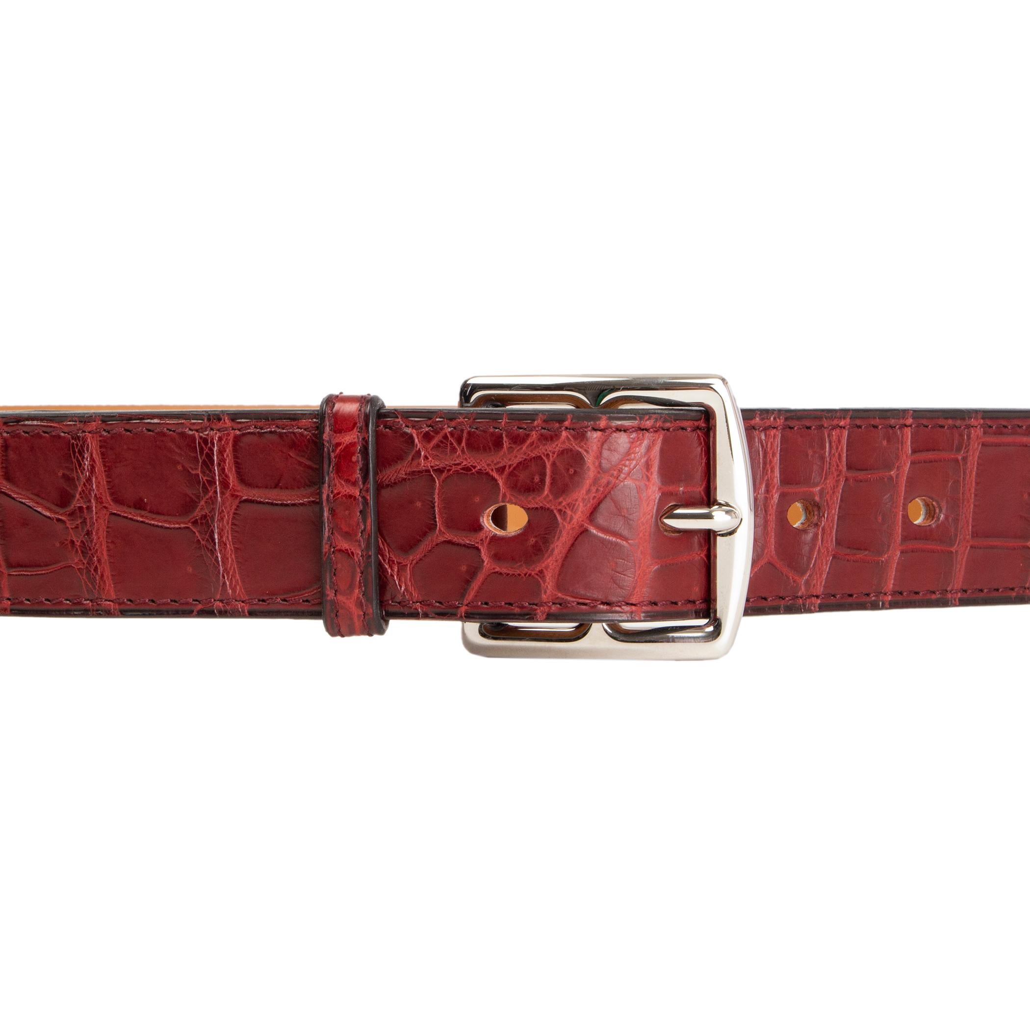 100% auth Hermes '32mm Etrivier' belt in Rouge H (burgundy) matte porosus crocodile with palladium buckle. Brand new. Comes with box.

Tag Size	90
Width	3.2cm (1.2in)
Fits	85cm (33.2in) to 95cm (37.1in)
Buckle Size Height	4.5cm (1.8in)
Buckle Size