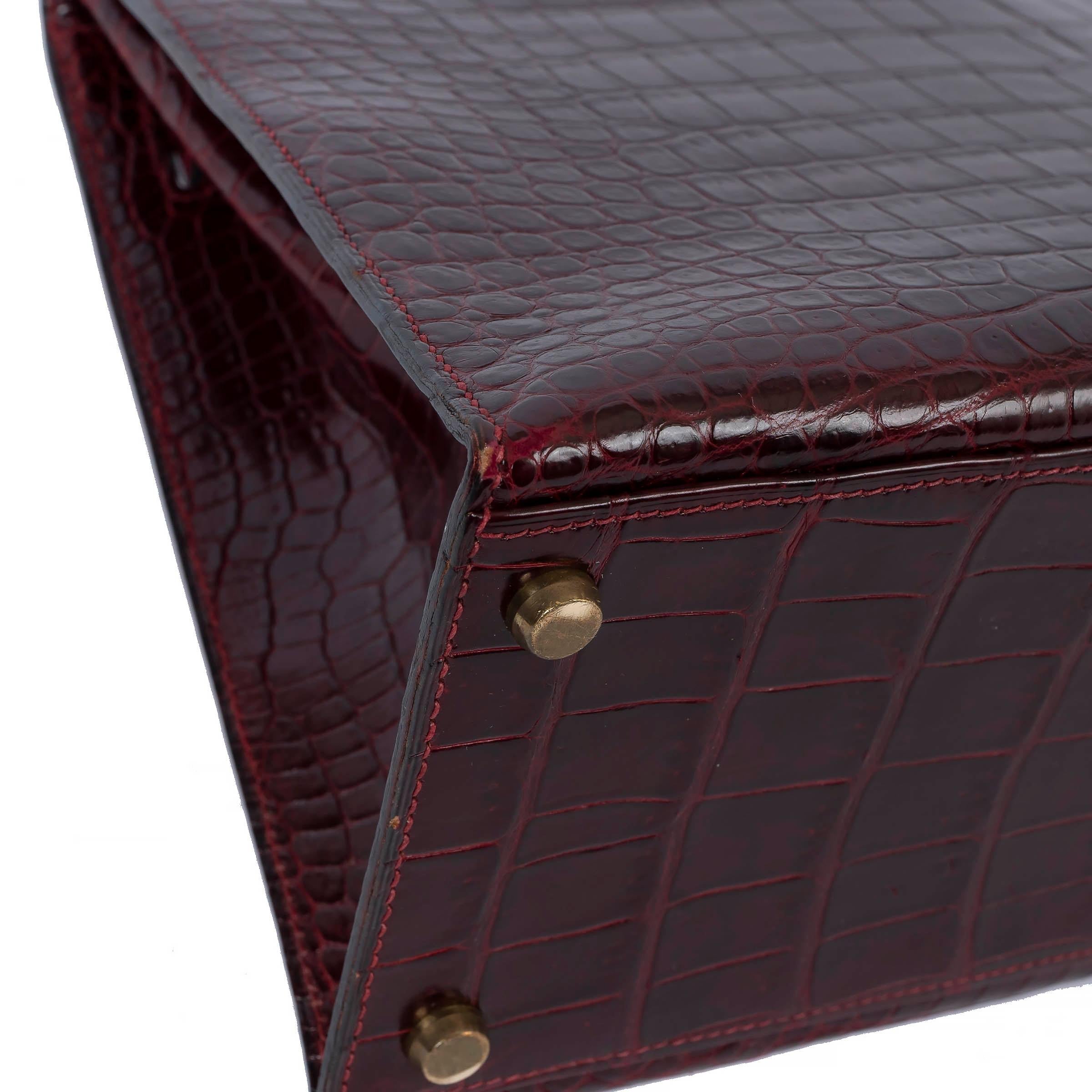HERMES Rouge H burgundy POROSUS CROC KELLY 32 SELLIER Bag Ghw 7