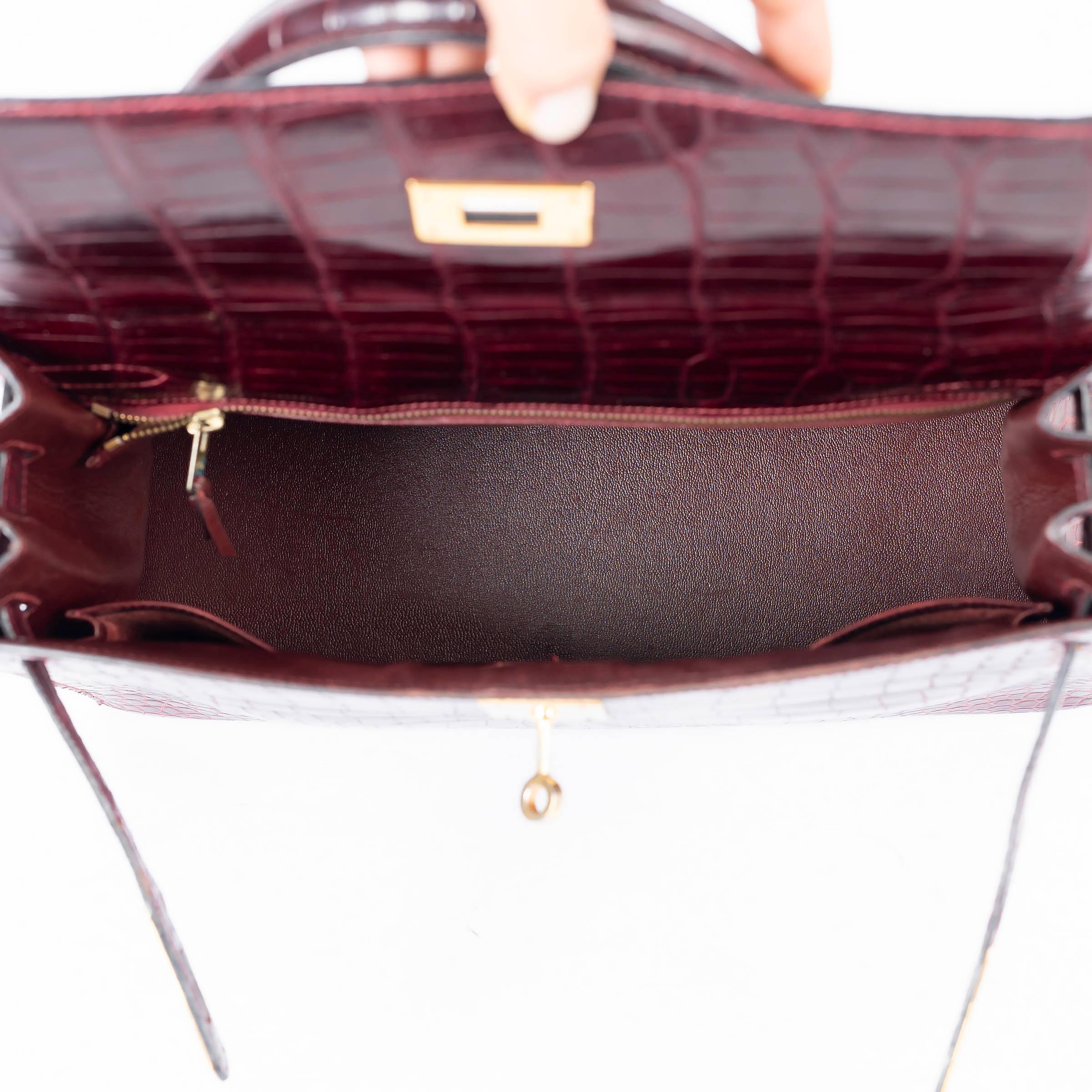 HERMES Rouge H burgundy POROSUS CROC KELLY 32 SELLIER Bag Ghw 1