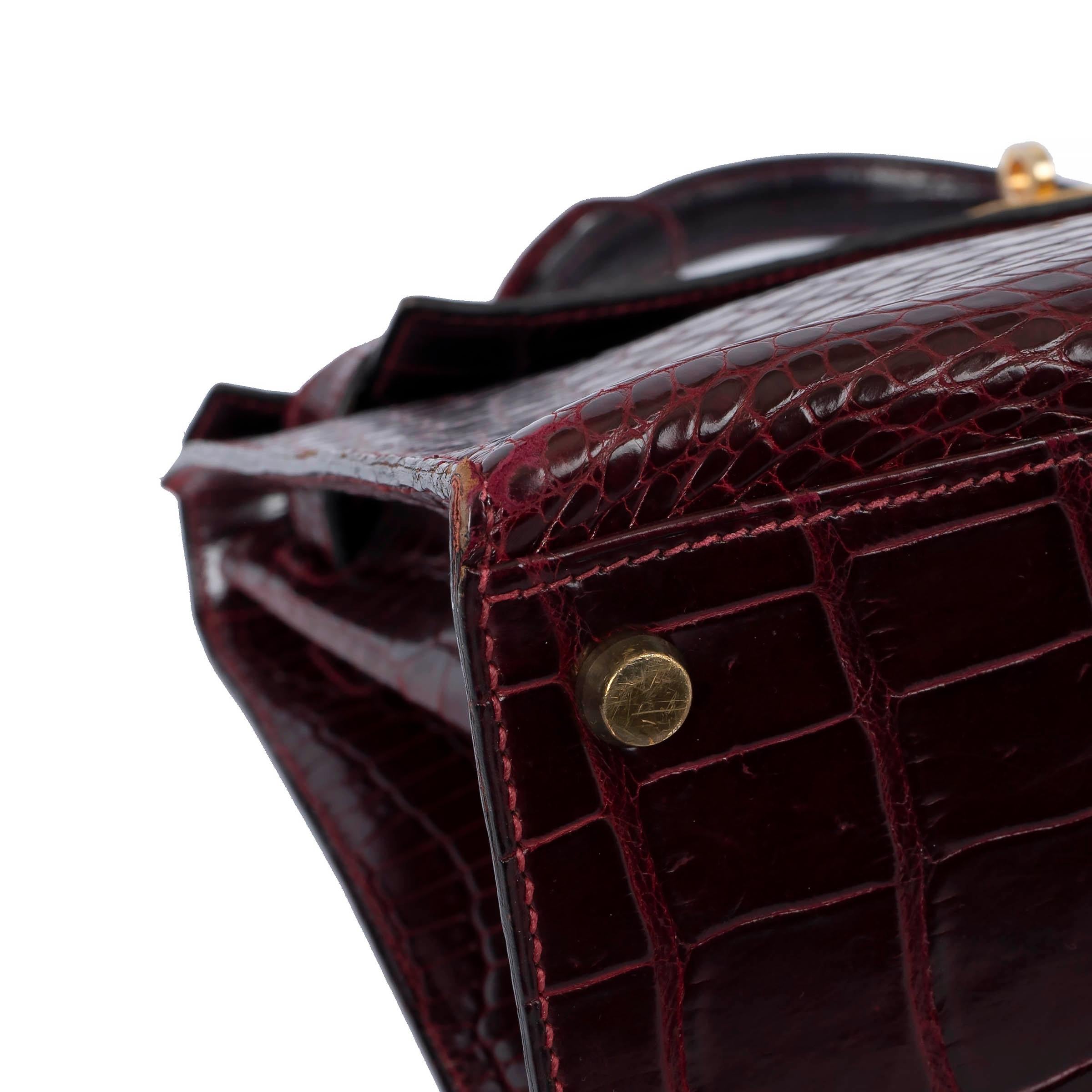 HERMES Rouge H burgundy POROSUS CROC KELLY 32 SELLIER Bag Ghw 5