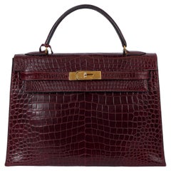 HERMES Rouge H burgundy POROSUS CROC KELLY 32 SELLIER Bag Ghw