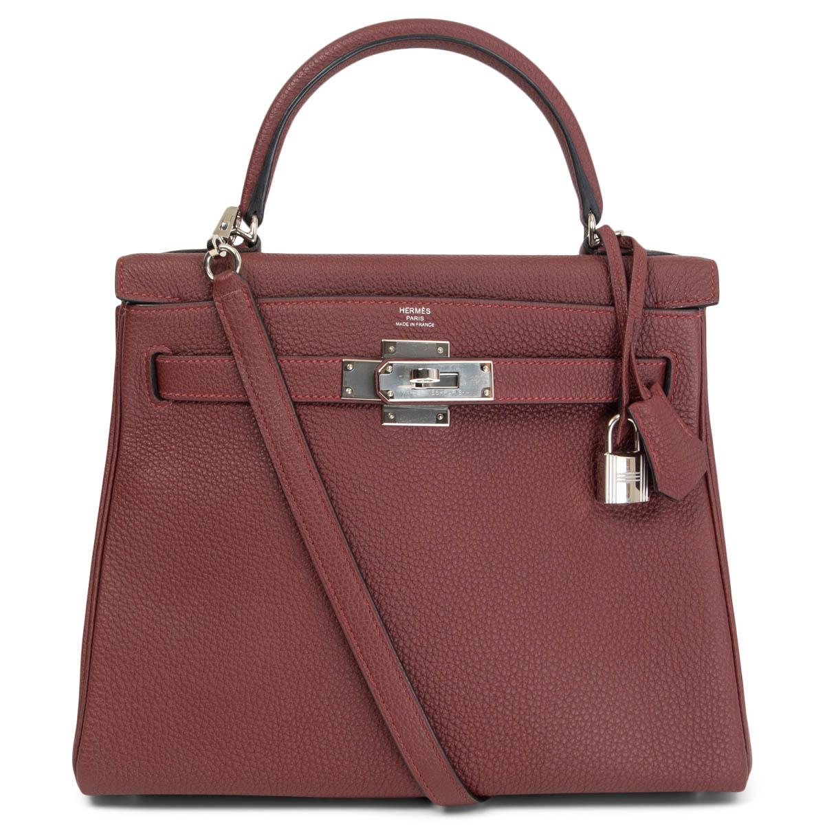 Women's HERMES Rouge H burgundy Togo leather KELLY 28 RETOURNE Bag Palladium