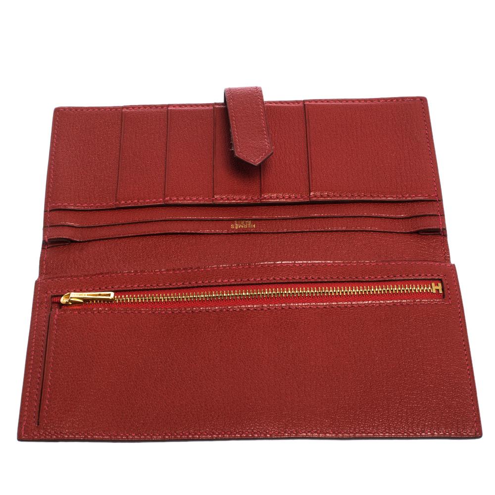 Hermes Rouge H Chevre Leather Bearn Gusset Wallet 6