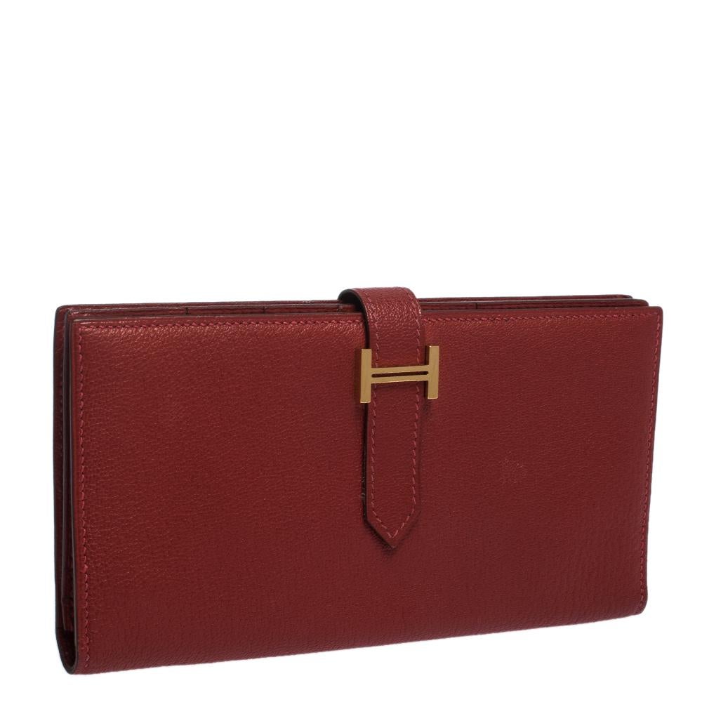 Brown Hermes Rouge H Chevre Leather Bearn Gusset Wallet