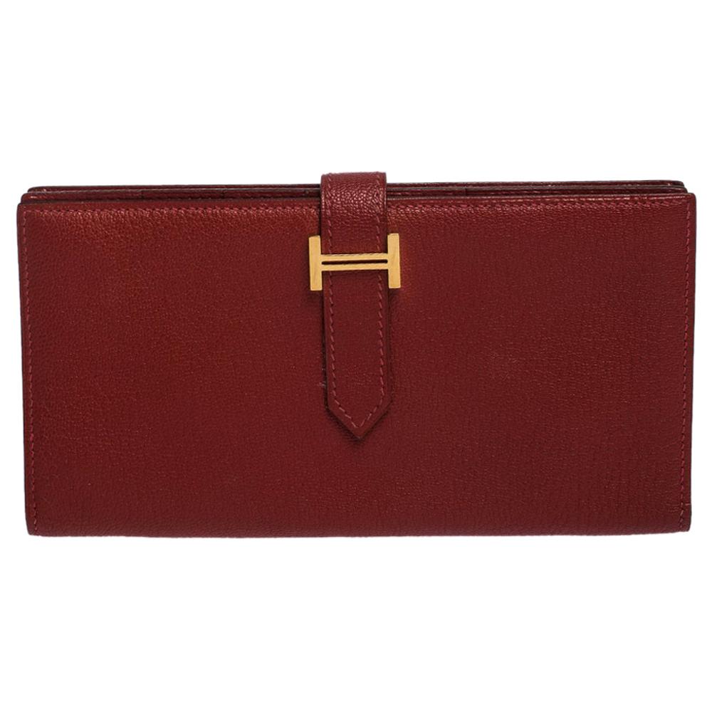 Hermes Rouge H Chevre Leather Bearn Gusset Wallet