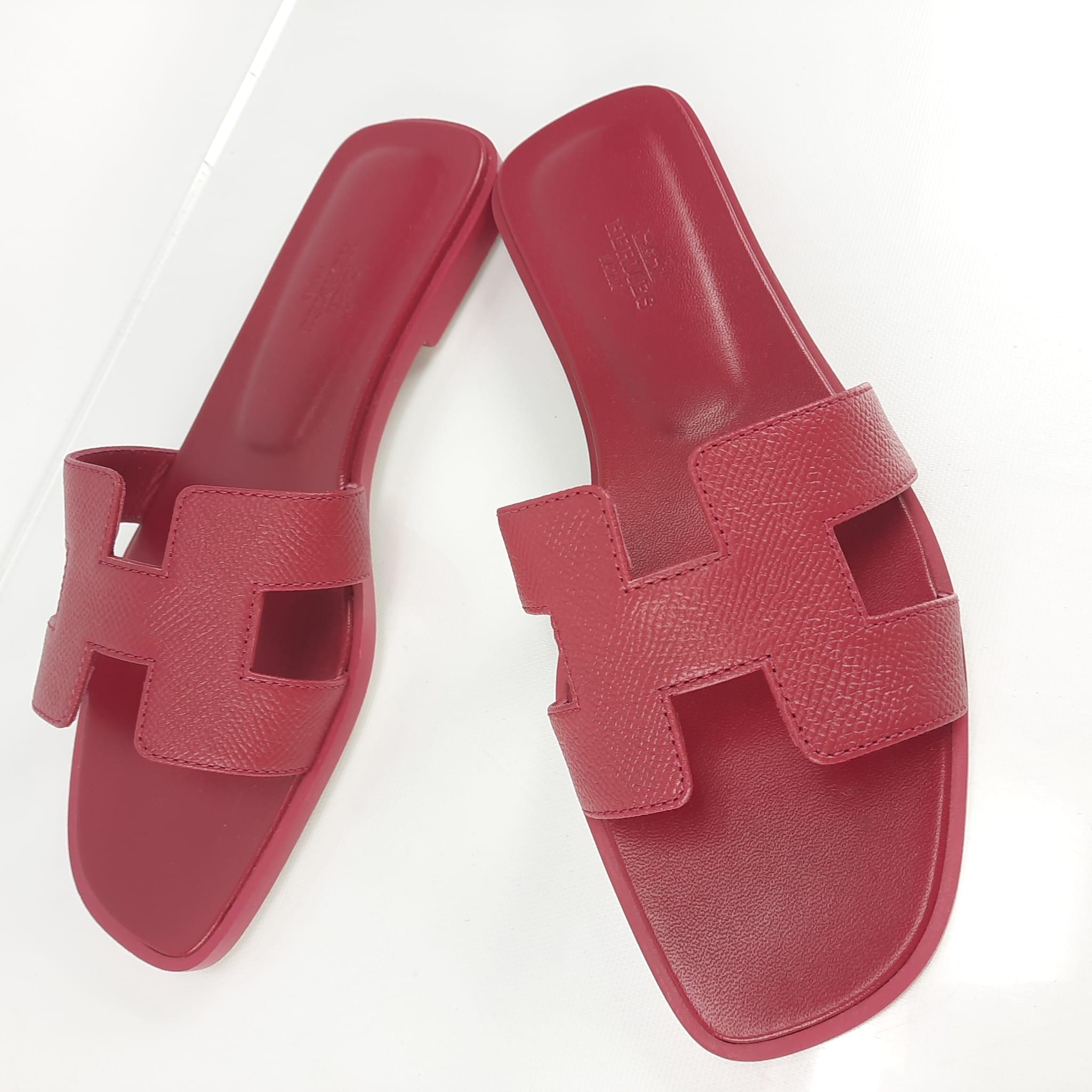 Hermes Oran sandals Rouge H Epsom calfskin Size 38 For Sale 1
