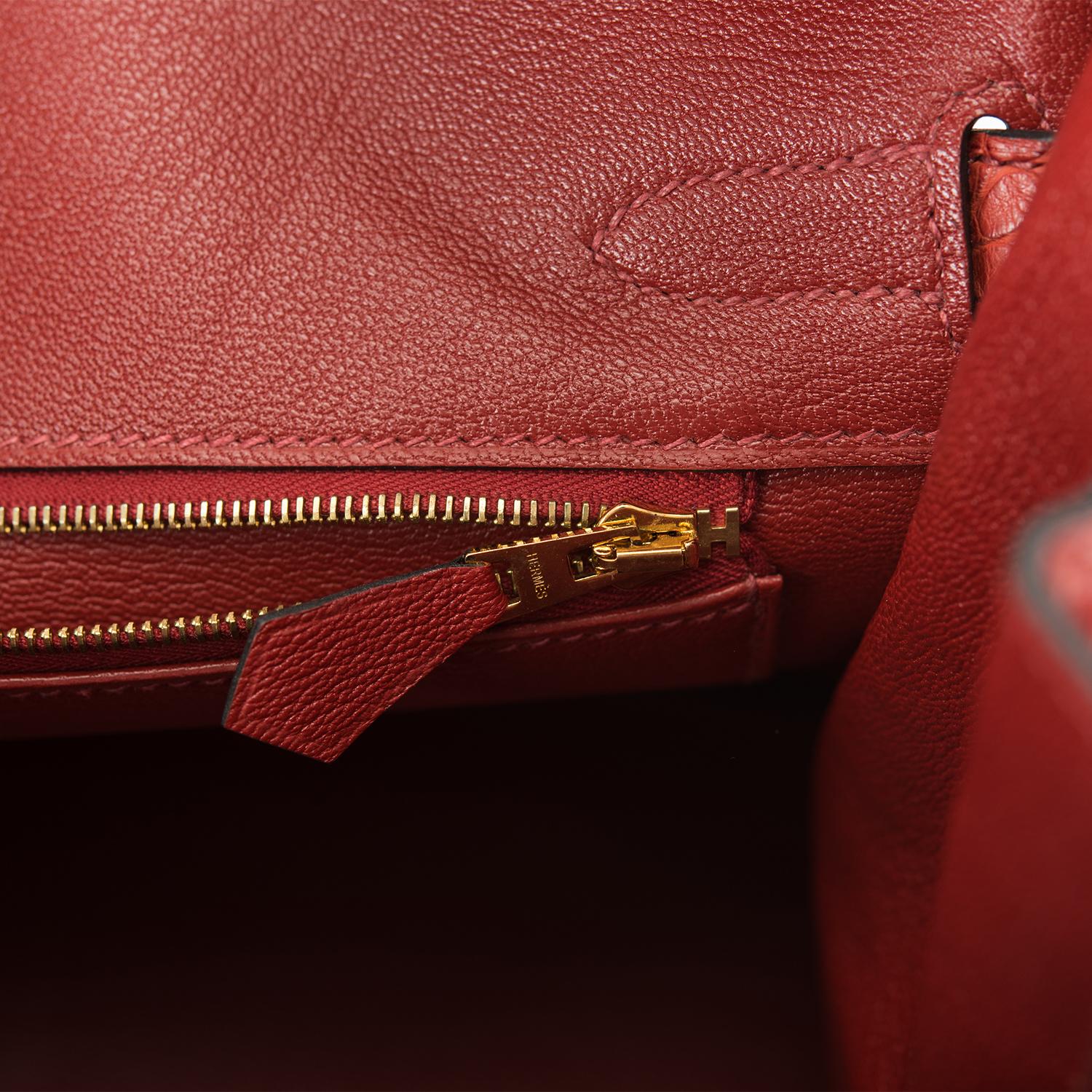 This Birkin is in Rouge H matte Mississippiensis alligator with gold hardware and has tonal stitching, two straps with front toggle closure, clochette with lock and two keys and double rolled handles.

 

The interior is lined with Rouge H chevre