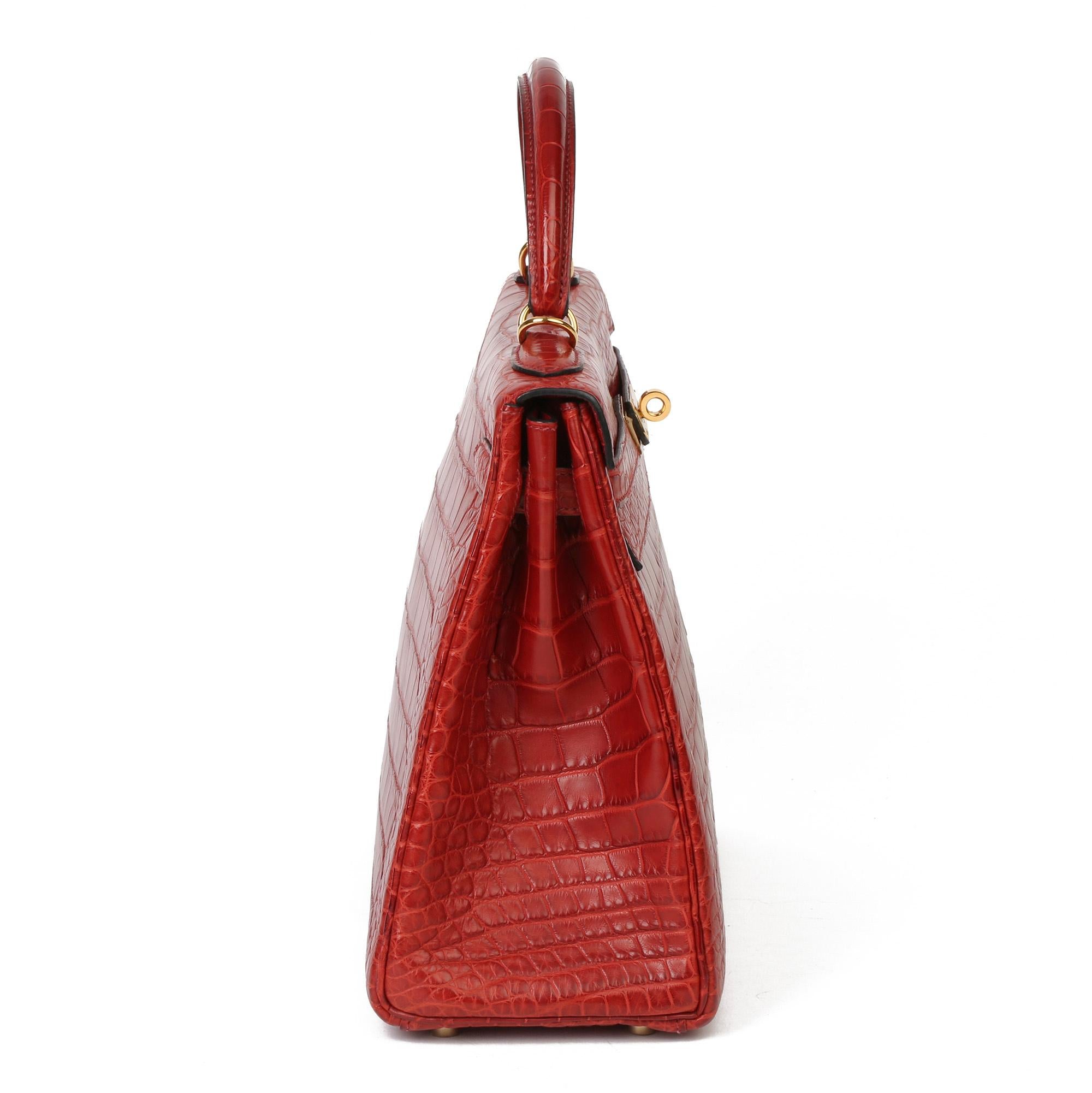 Hermès Rouge H Matte Mississippiensis Alligator Leder Kelly 32cm Retourne Damen im Angebot