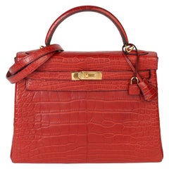 Hermès Rouge H Matte Mississippiensis Alligator Leather Kelly 32cm Retourne