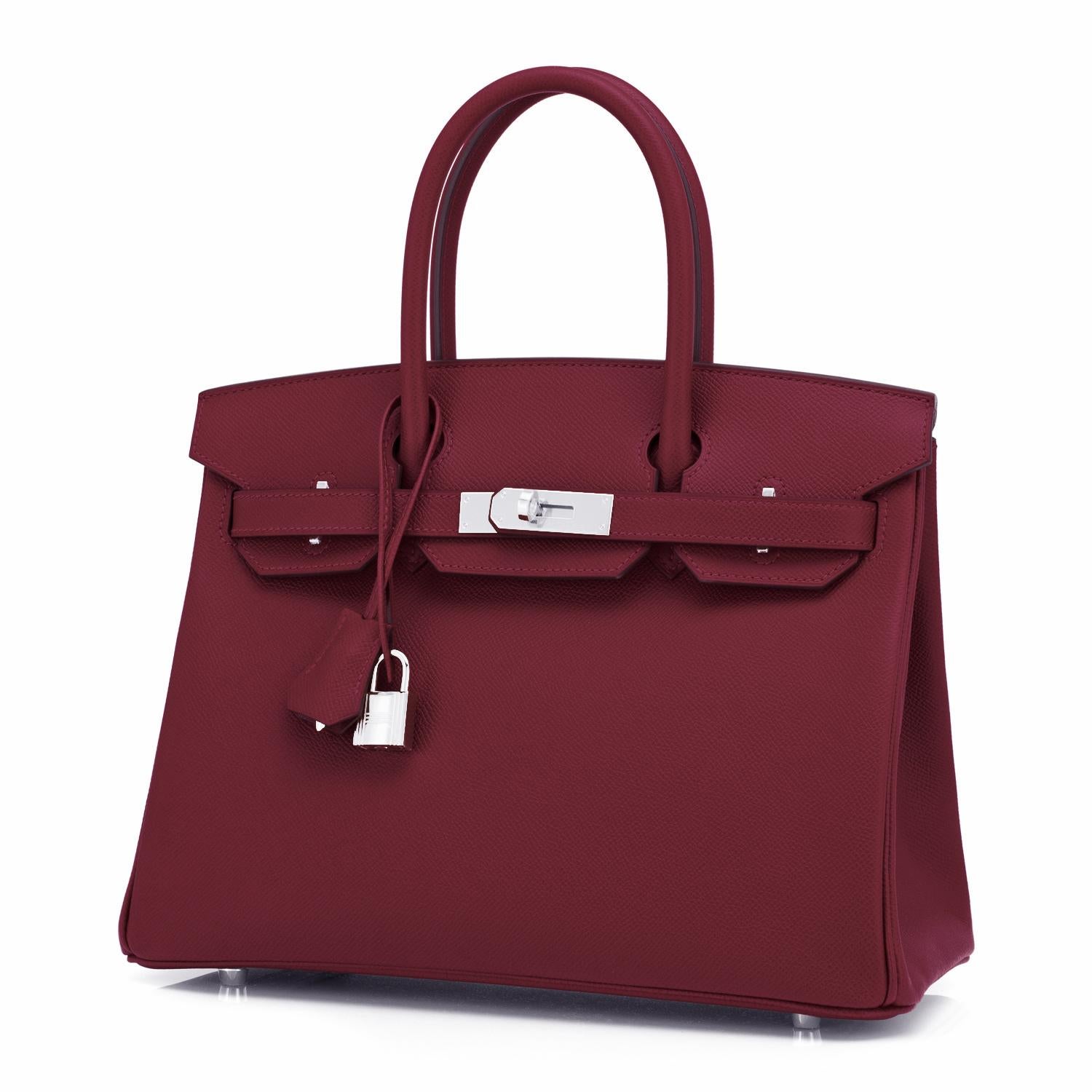 Hermes Rouge H 30cm Birkin Epsom Palladium Y Stamp, 2020
Devastatingly gorgeous!!
Brand New in Box.  Store Fresh.  Pristine Condition (with plastic on hardware).
Just purchased from Hermes store! Bag bears new interior 2020 Y Stamp.
Perfect gift!