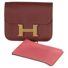 Hermès Rouge H Rose Azalee Evercolor Bicolore Constance Slim Wallet GHW