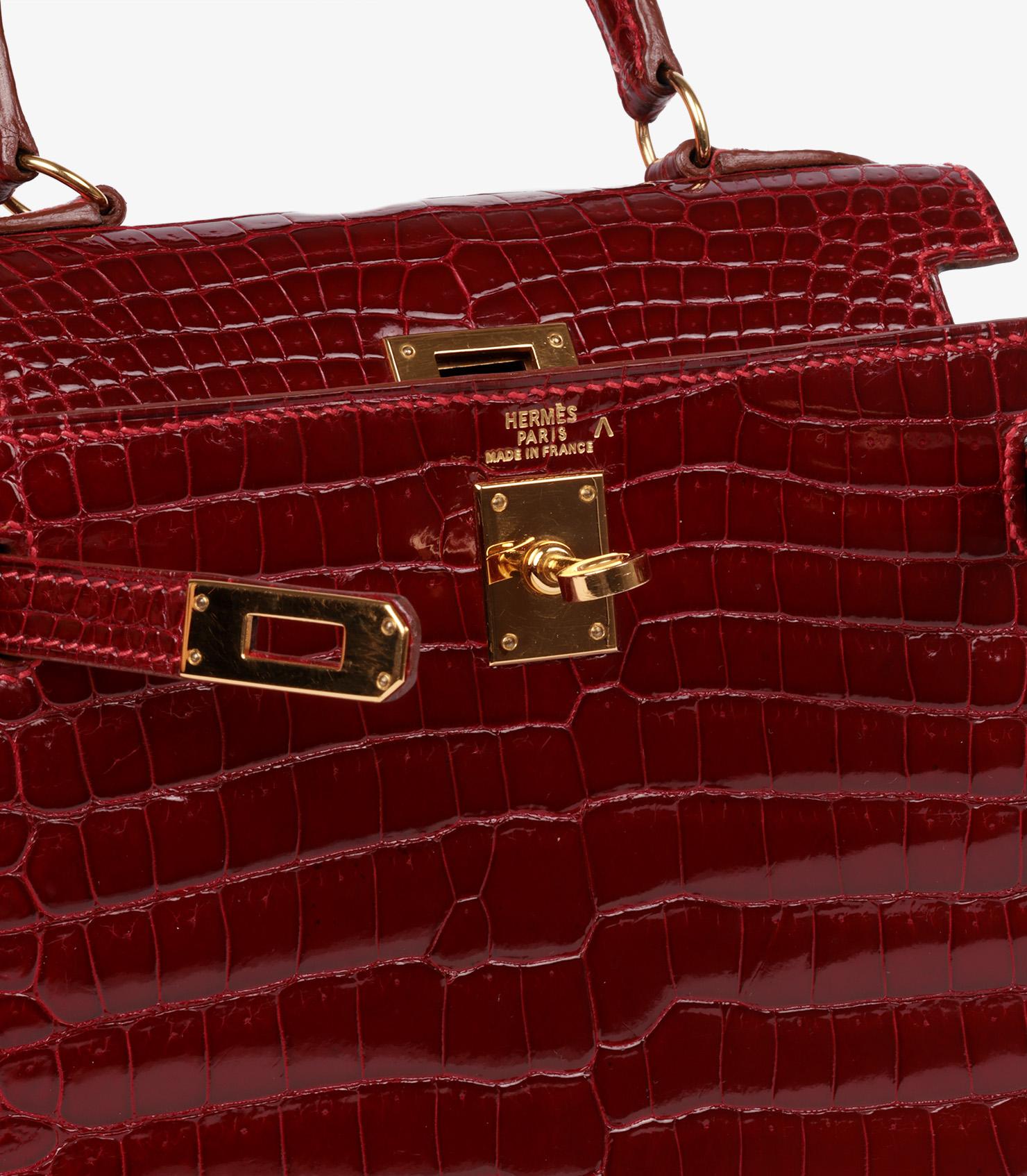 Hermès Rouge H Glänzendes Porosus Krokodilleder Vintage Kelly 20cm im Angebot 2