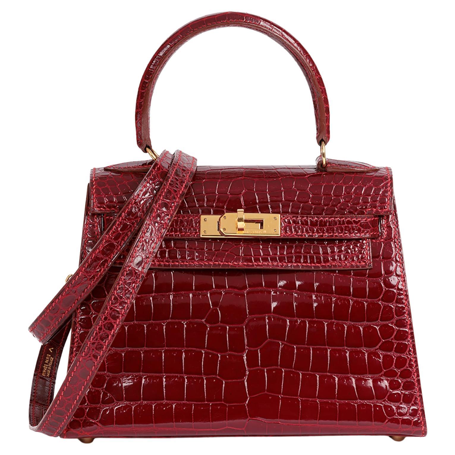 Hermès Rouge H Shiny Porosus Crocodile Leather Vintage Kelly 20cm