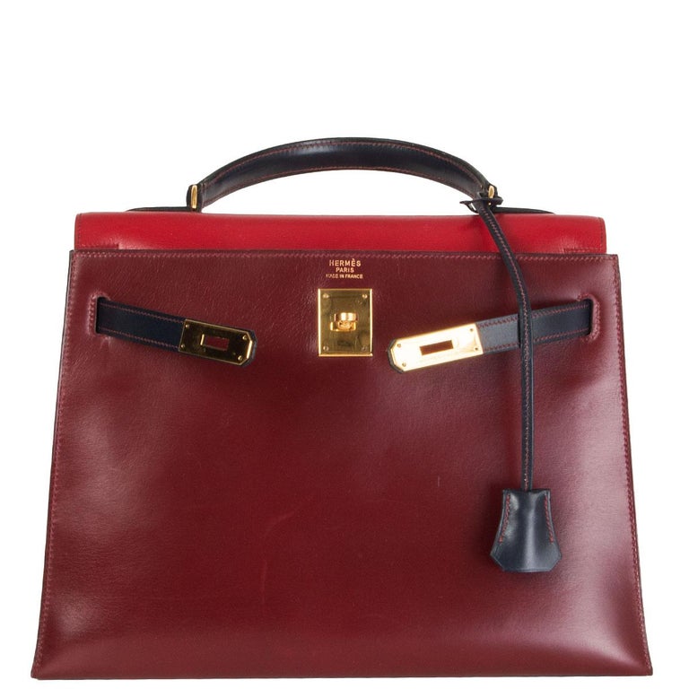 HERMES Rouge H and Vif red Marine blue Box leather KELLY 32