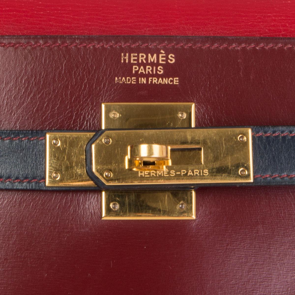 HERMES Rouge H & Vif red Marine blue Box leather KELLY 32 SELLIER Bag Tri-Color In Excellent Condition In Zürich, CH
