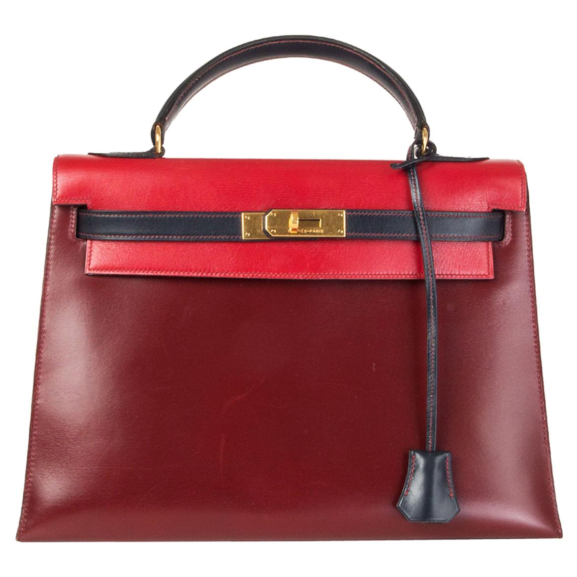 HERMES Rouge H & Vif red Marine blue Box leather KELLY 32 SELLIER Bag Tri-Color