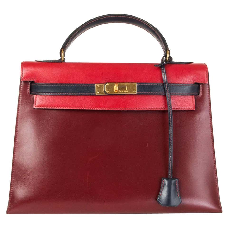 HERMES Rouge H and Vif red Marine blue Box leather KELLY 32 SELLIER Bag ...