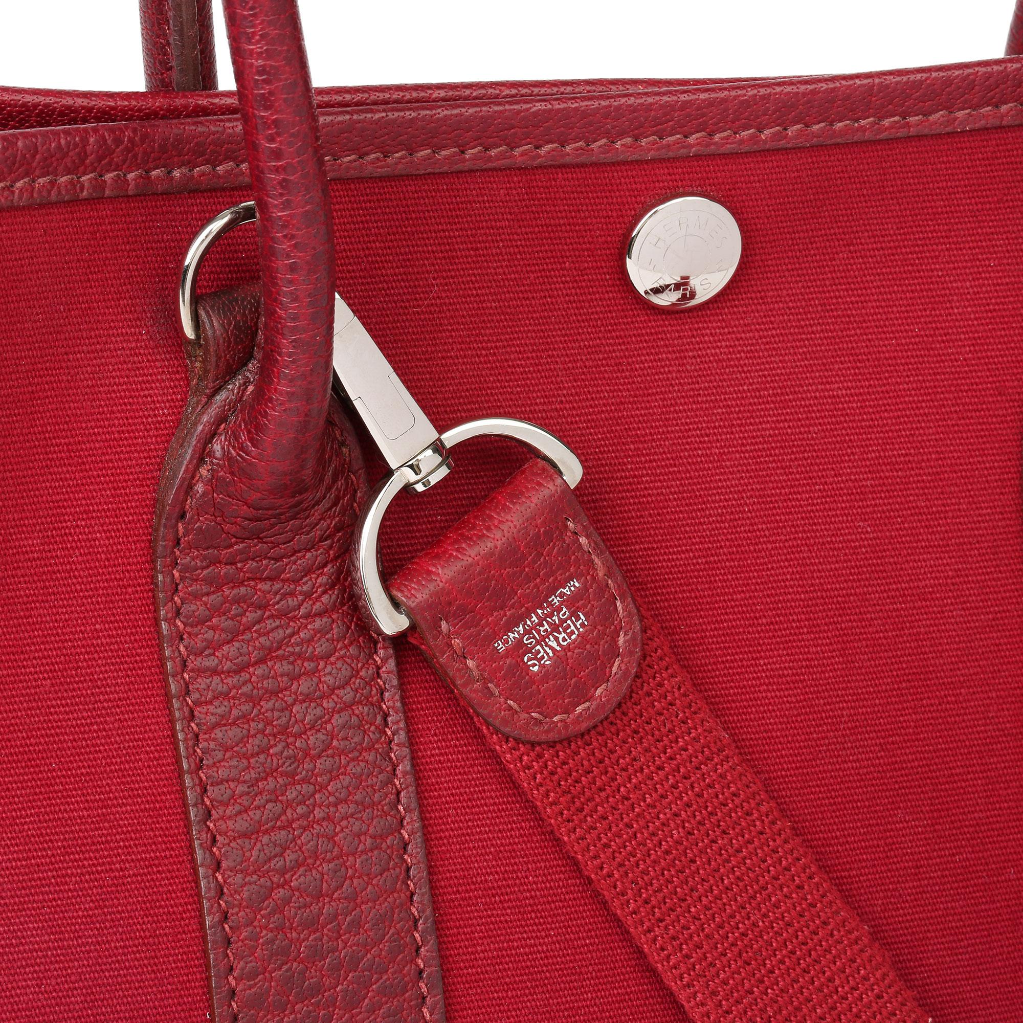 Hermès Rouge imperial Negonda Leather & Tosca Canvas Garden Party TPM  In Good Condition In Bishop's Stortford, Hertfordshire