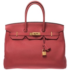 Hermes Rouge Pivoine Clemence Leather Gold Hardware Birkin 35 Bag