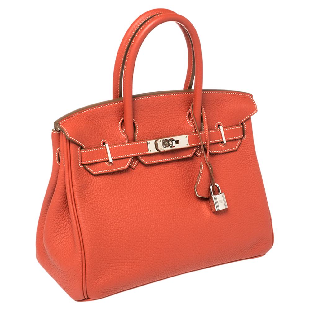 Orange Hermes Rouge Pivoine Craie Clemence Leather Palladium Finished Birkin 30 Bag