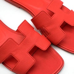 Hermes Rouge Pivoine Epsom Leather Oran Sandals 37