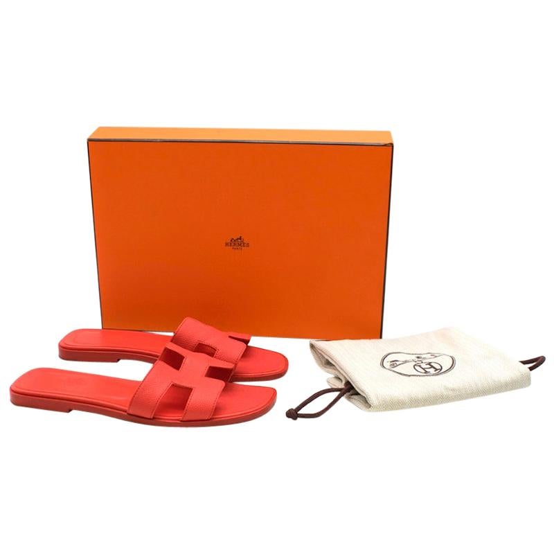 Hermes Rouge Pivoine Epsom Leather Oran Sandals 37