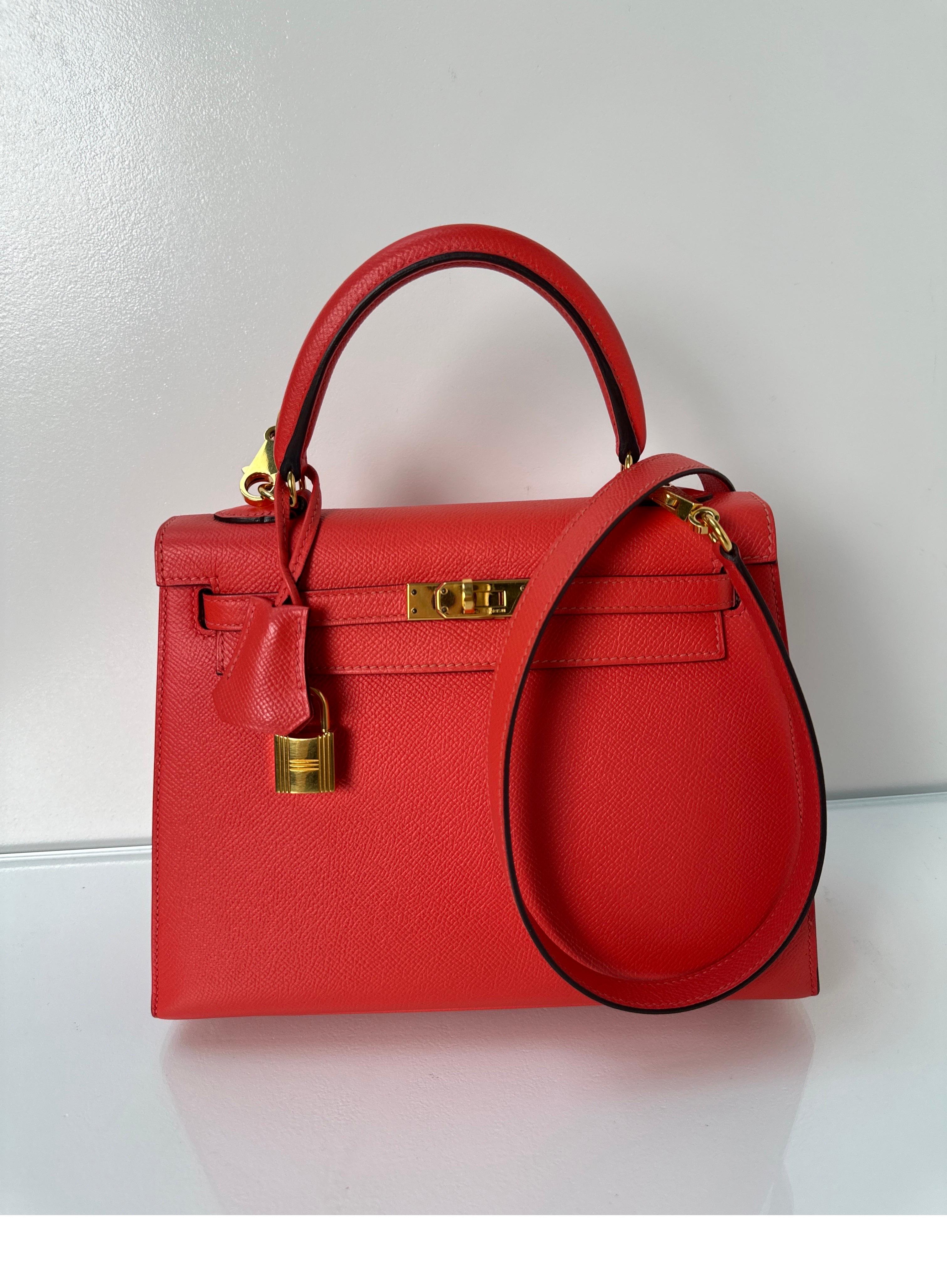 Hermes Rouge Pivoine Kelly 25 Bag. Excellent like new condition. Rare size 25 Kelly in pink red color. Gold hardware. Interior clean. Gift worthy. Includes clochette, lock, keys, dust bag and box. Full set. Would make a great present. Guaranteed