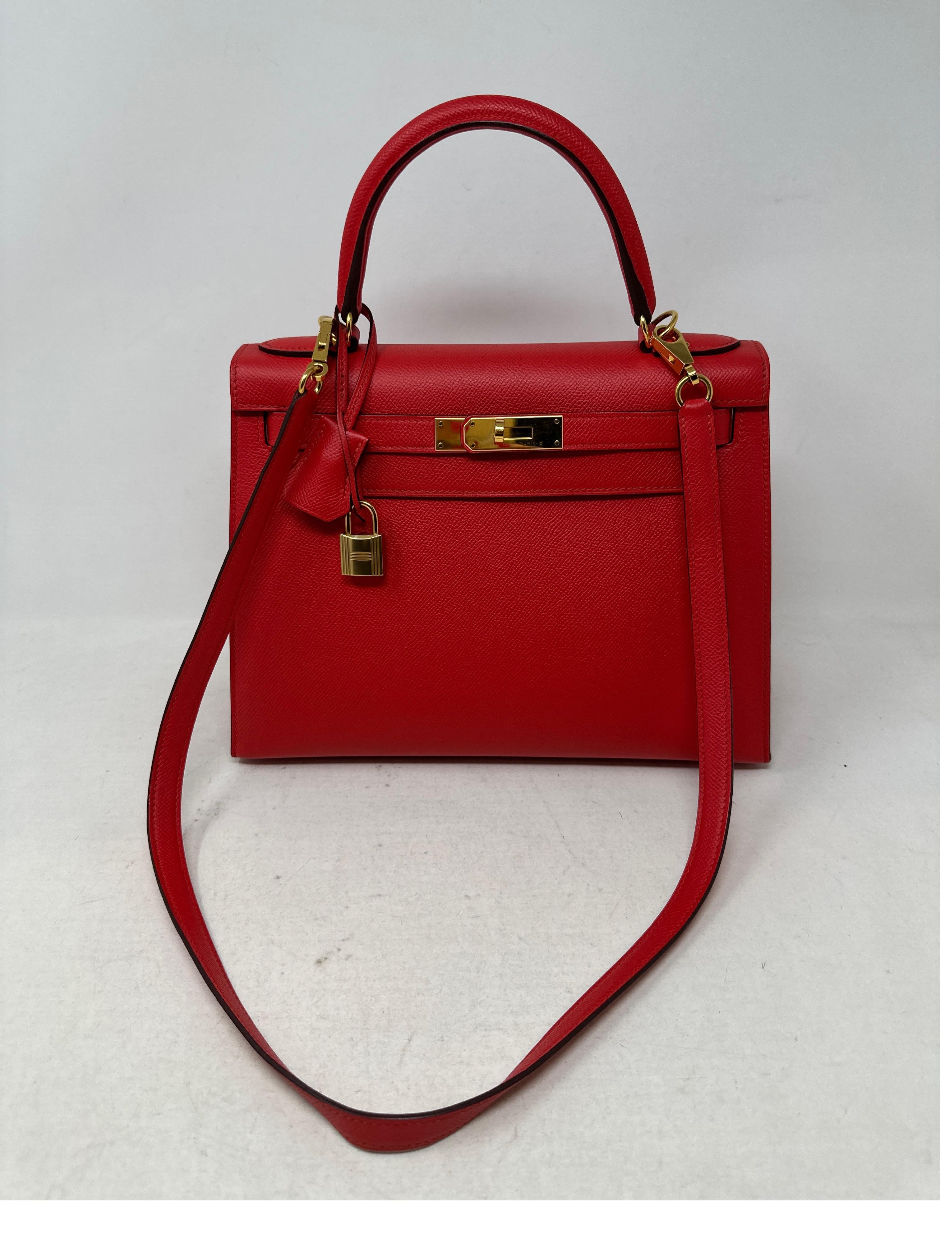 Hermes Rouge Pivoine Kelly Sellier 28 Bag. Most wanted sellier Kelly. Gorgeous red color bag. Epsom leather. Gold hardware. Like new condition. Newer bag. Never used. Includes clochette, lock, keys, and dust bag. Guaranteed authentic. 