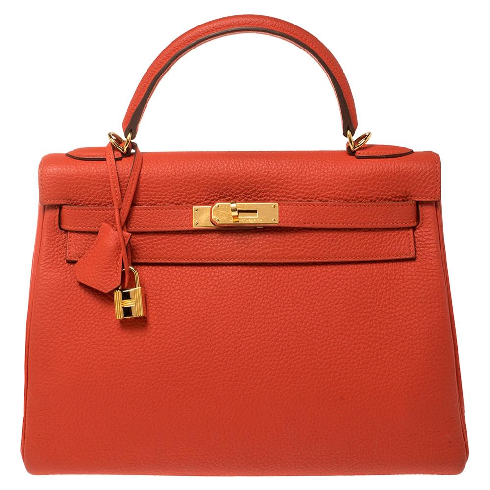 Hermes Rouge Pivoine Togo Leather Gold Hardware Kelly Retourne 32 Bag