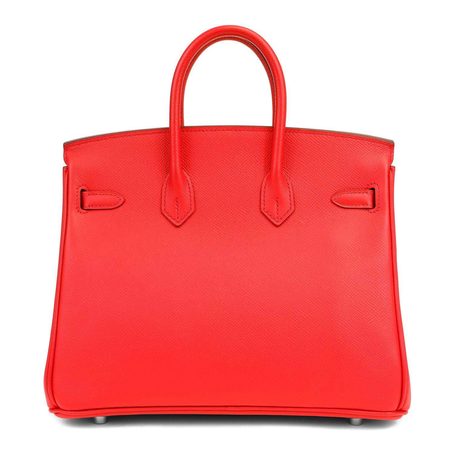 This authentic Hermès Rouge Red Epsom  25 cm Birkin is in pristine unworn condition; the protective plastic is still intact on the hardware.    Considered the ultimate luxury item, the Hermès Birkin is stitched by hand. Waitlists are commonplace and