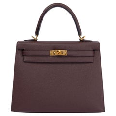 HERMES Rouge Sellier burgundy Epsom leather KELLY 25 SELLIER Bag w Gold