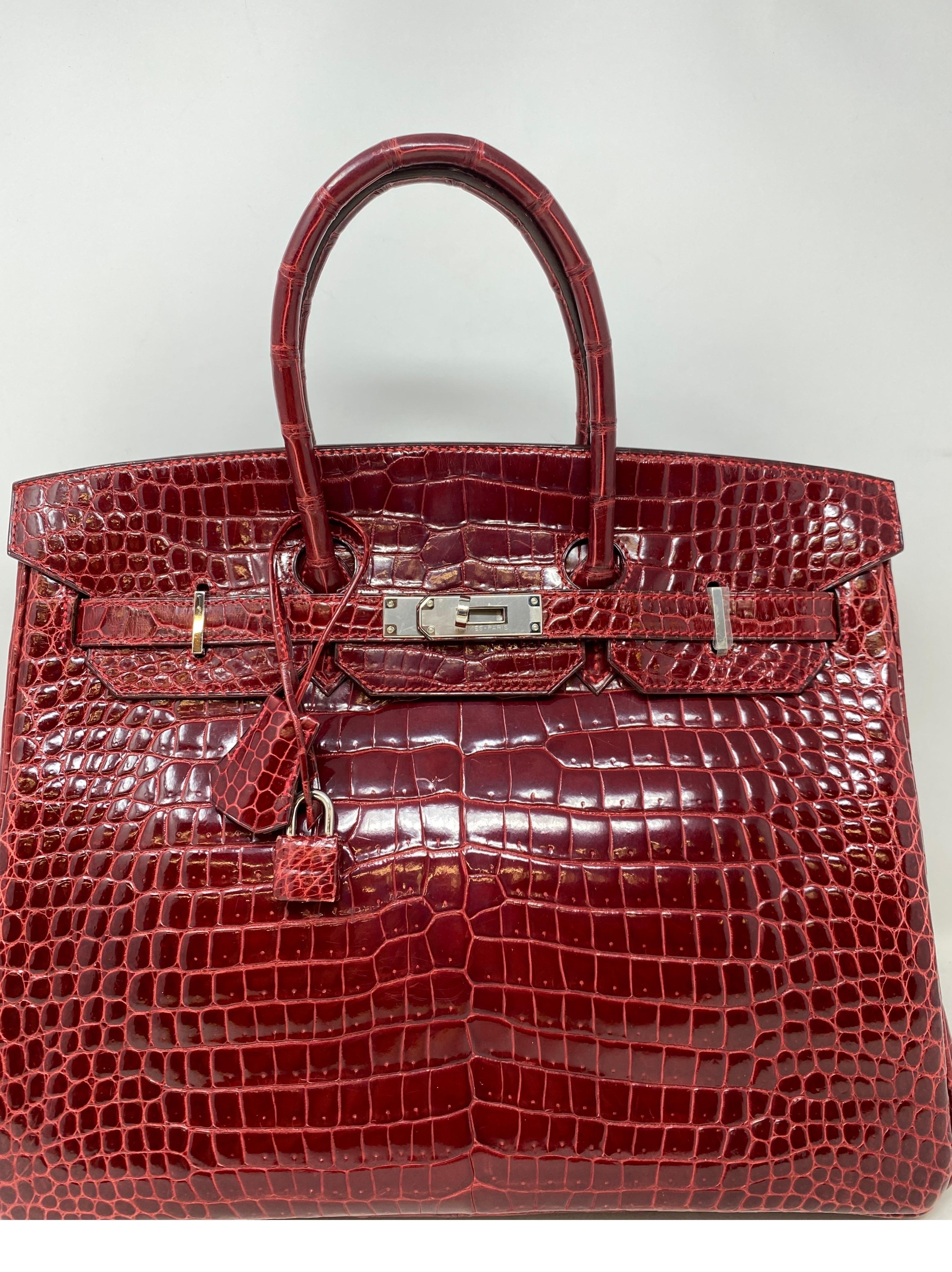 Brown Hermes Rouge Shiny Porosus Crocodile Birkin 35 Bag