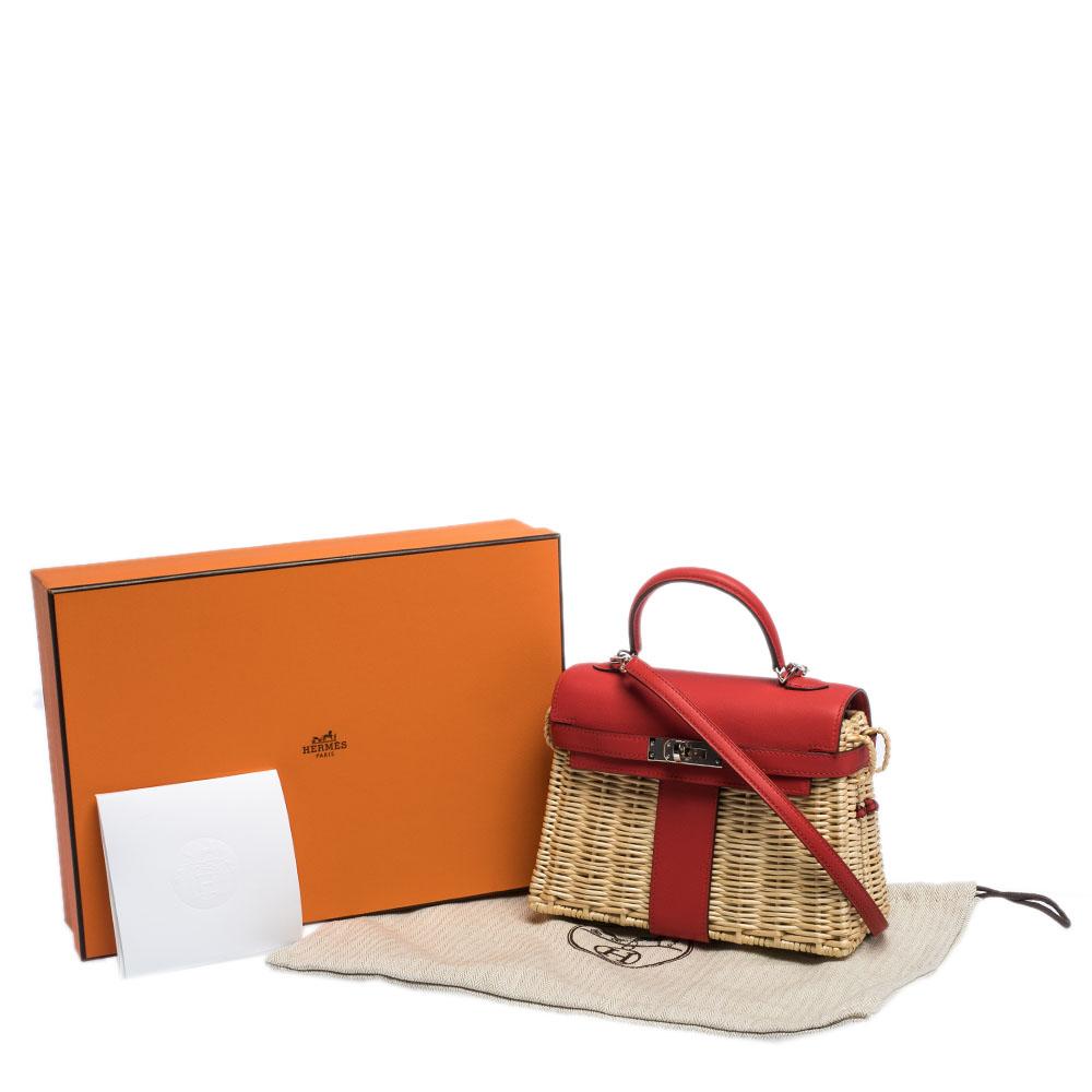 Hermes Rouge Swift Leather and Osier Palladium Hardware Picnic Mini Kelly Bag 7