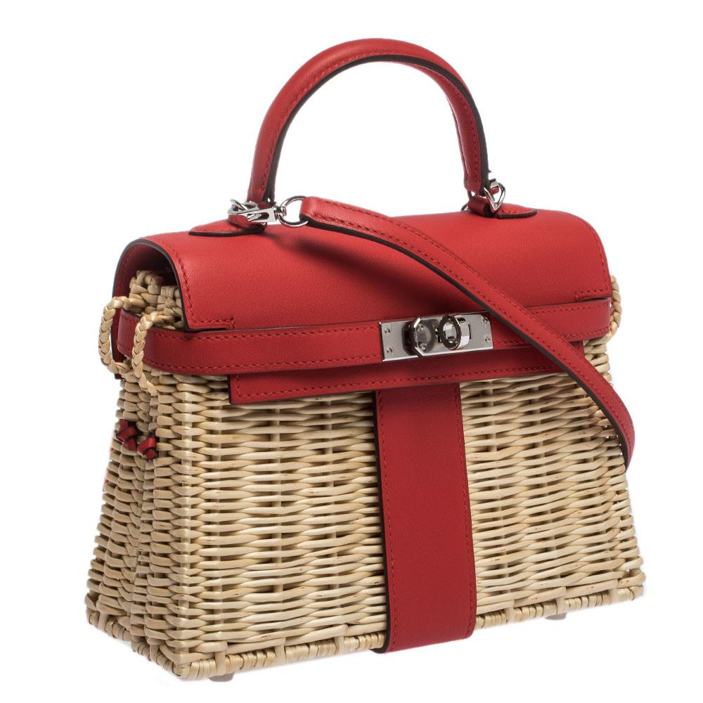 Hermes Rouge Swift Leather and Osier Palladium Hardware Picnic Mini Kelly Bag In Excellent Condition In Dubai, Al Qouz 2