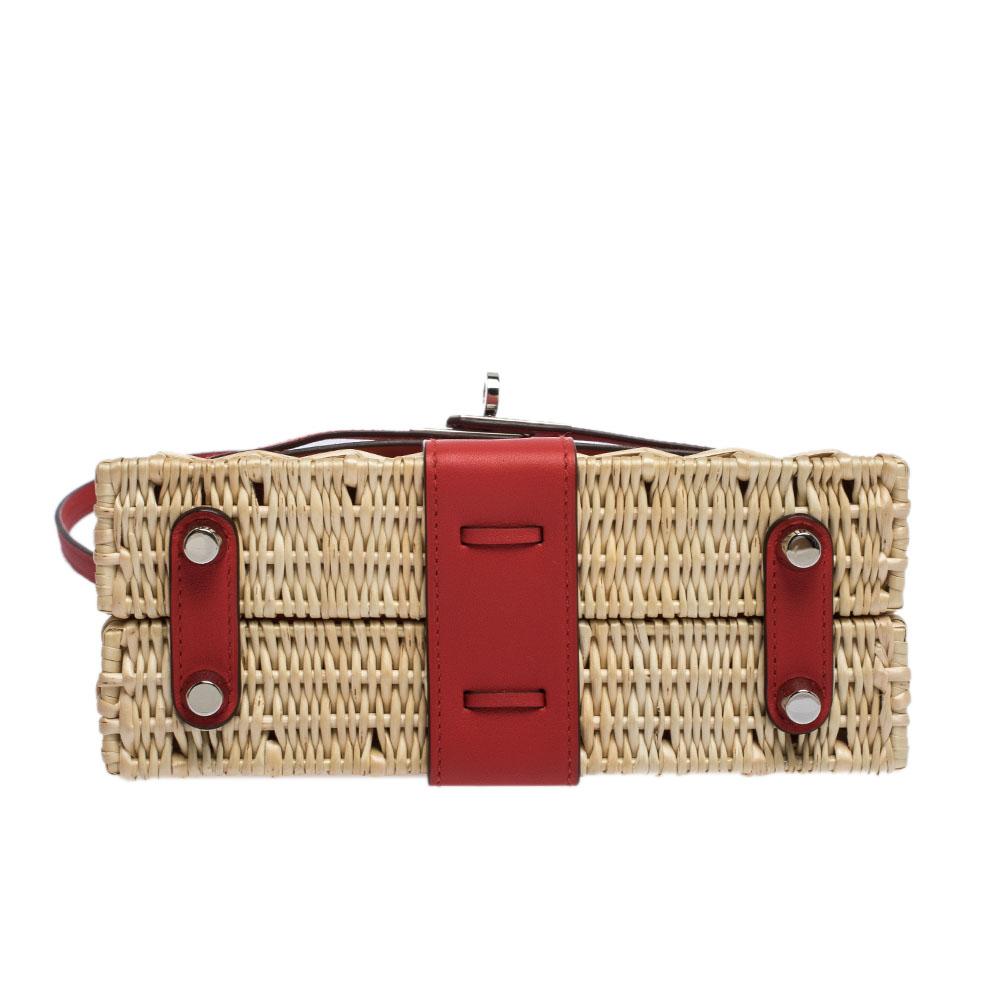 Women's Hermes Rouge Swift Leather and Osier Palladium Hardware Picnic Mini Kelly Bag