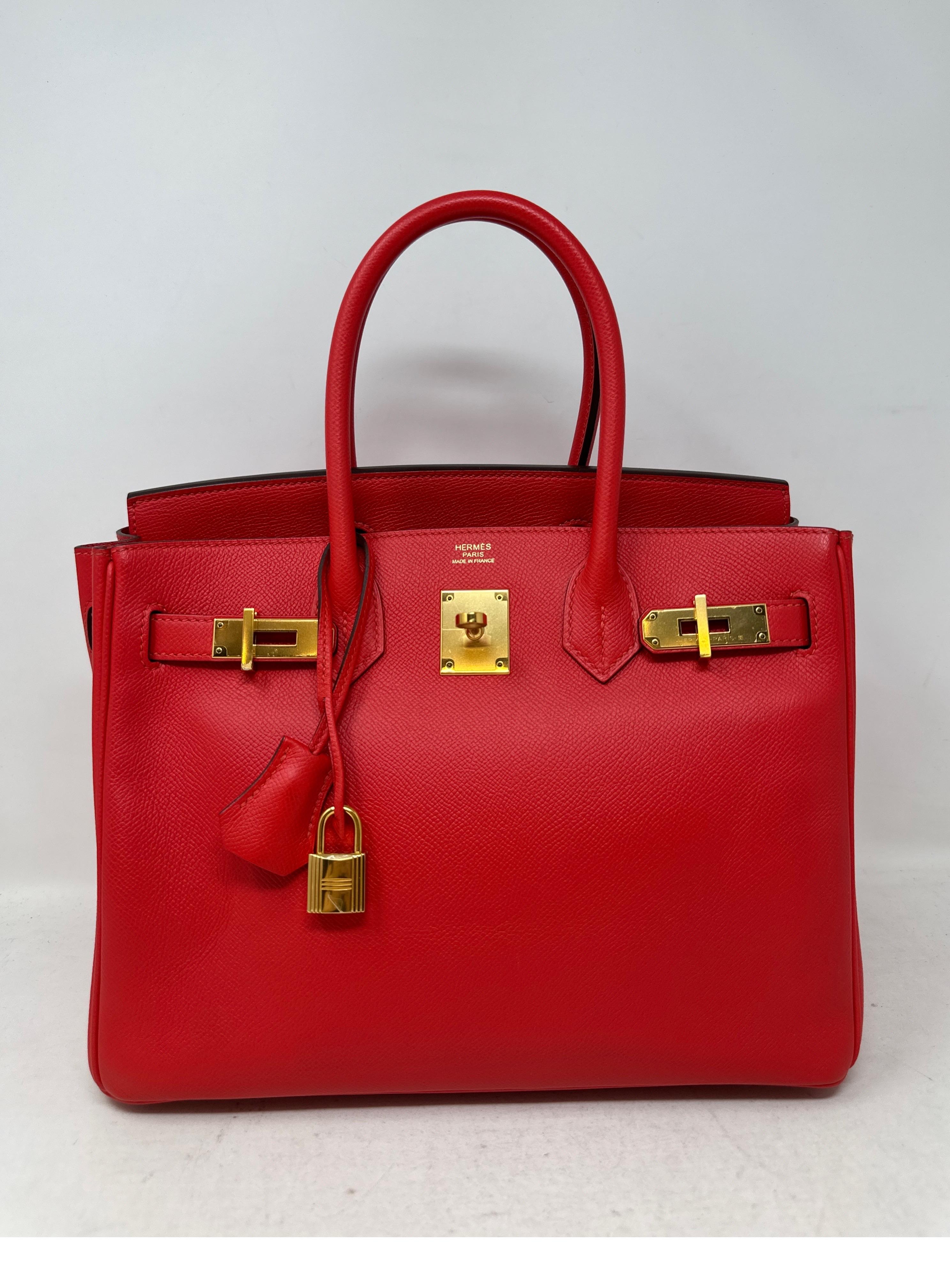 Hermes Rouge Tomate Birkin 30 Bag. Beautiful vibrant red Birkin bag. Looks like tomato red. Excellent like new condition. Interior clean. Gold hardware. Epsom leather. Most wanted size. Includes clochette, lock, keys, and dust bag. Guaranteed