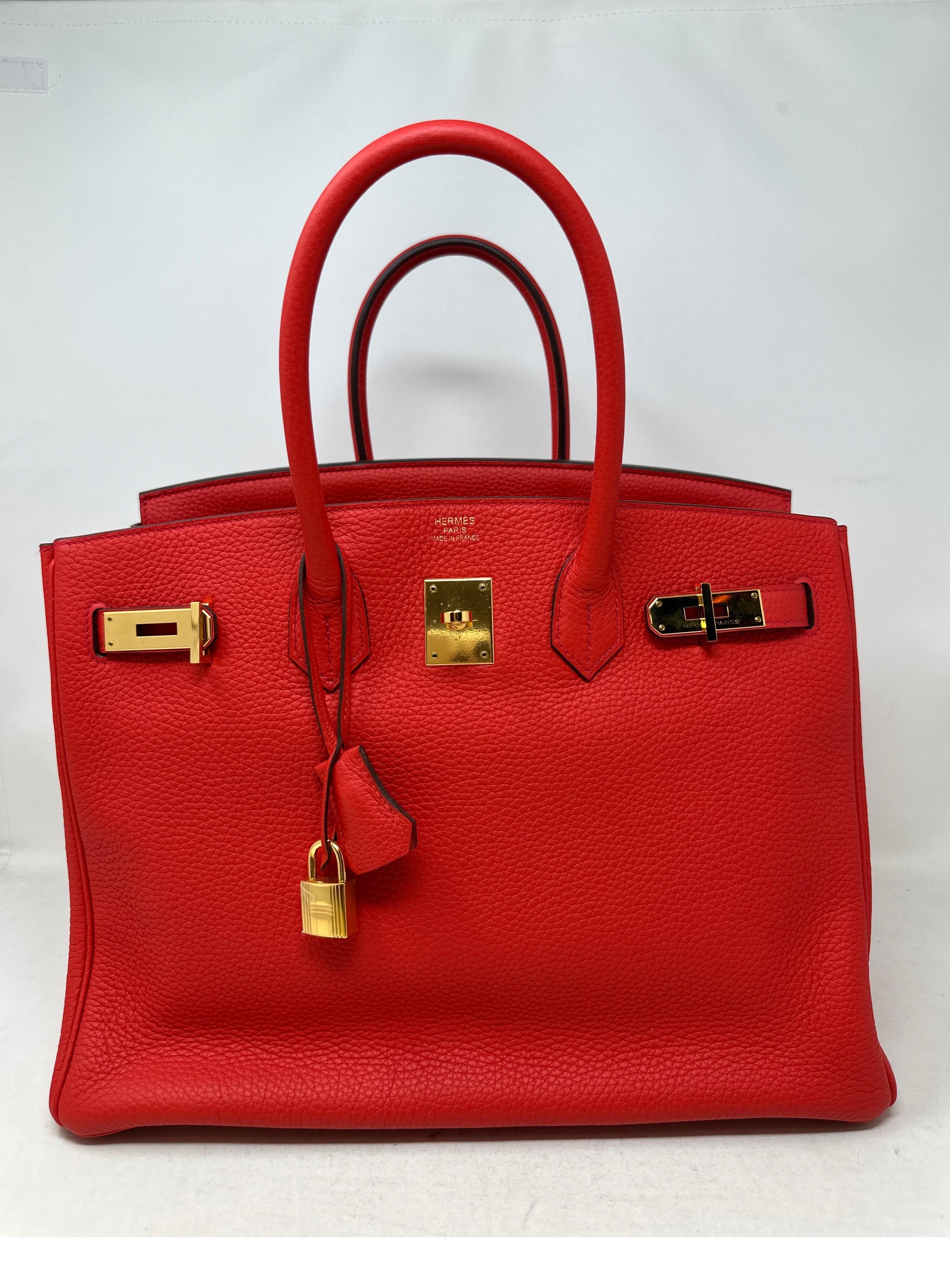 Hermes Rouge Tomate Birkin 35 Bag. Excellent condition. Like new condition. Newer bag. Gold hardware. Vibrant red like tomato color. Beautiful and rarer color. Interior clean. Priced to sell. Add this to your collection. Includes clochette, lock,