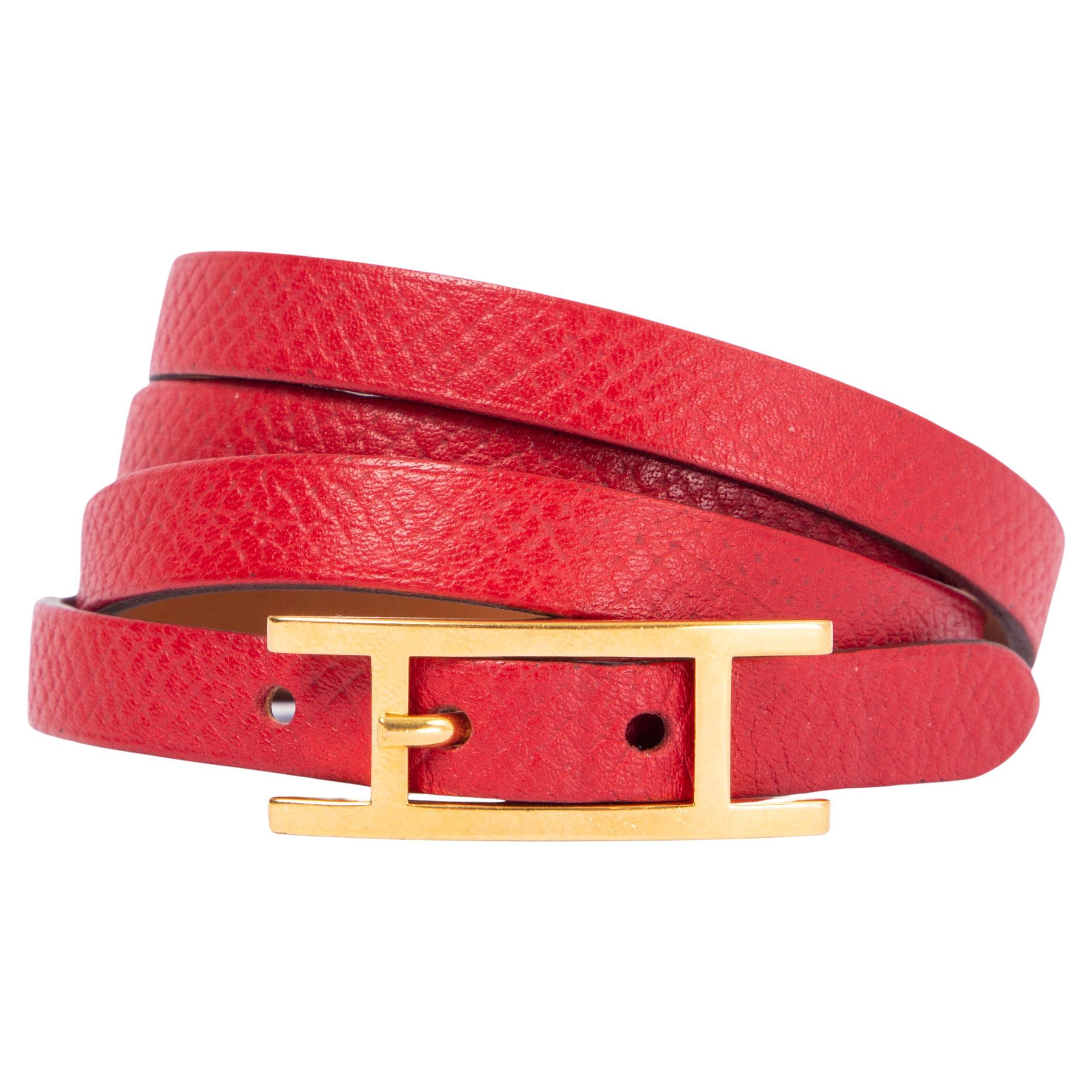 HERMES Rouge Tomate red Epsom leather HAPI 3 WRAP Bracelet