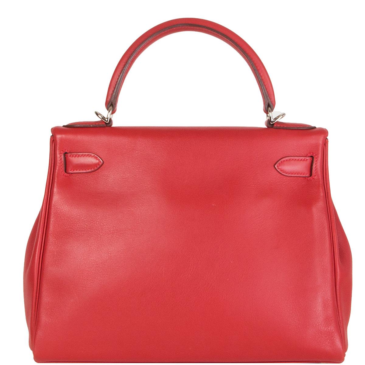 Red HERMES Rouge Tomate red Swift leather KELLY 28 RETOURNE Bag Palladium