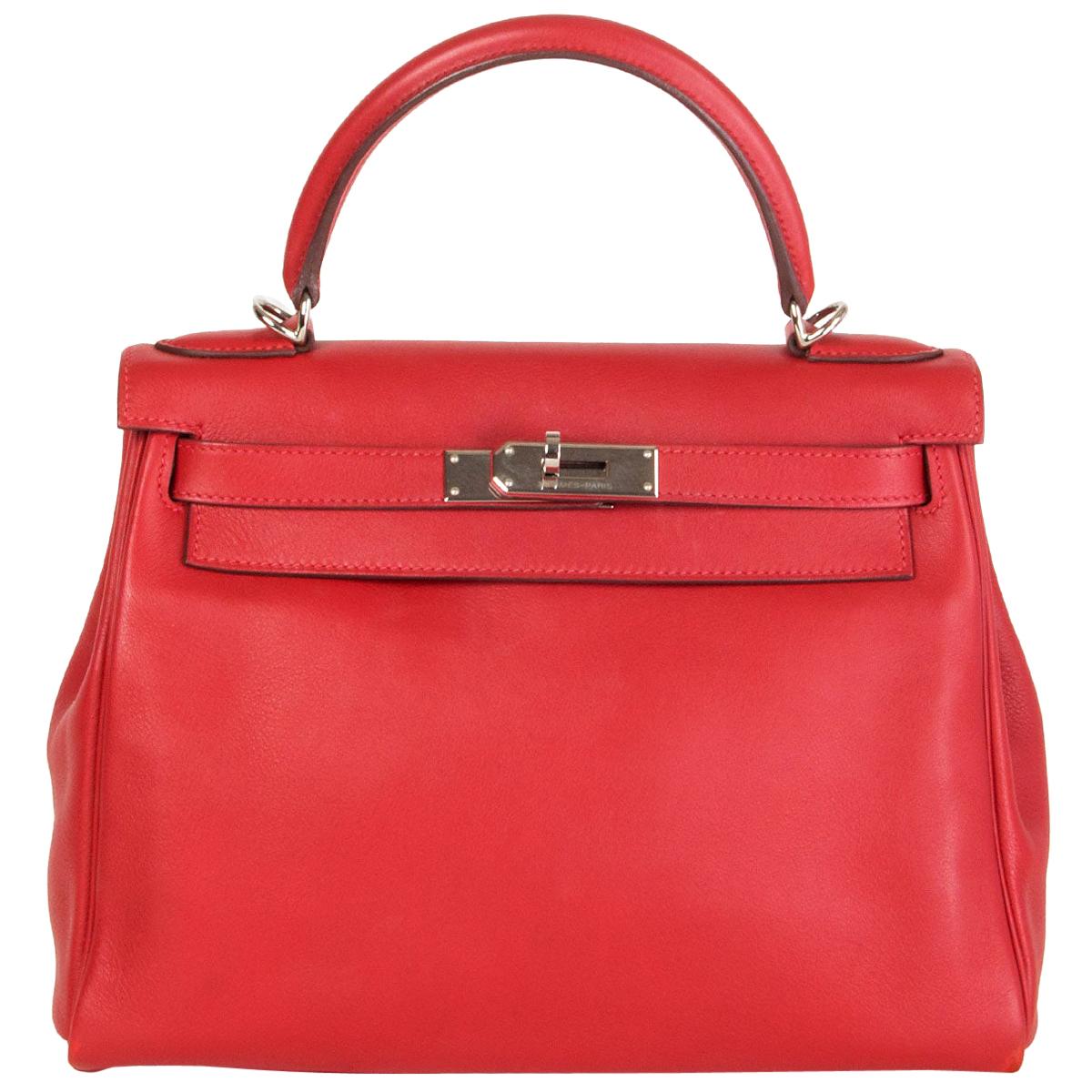 HERMES Rouge Tomate red Swift leather KELLY 28 RETOURNE Bag Palladium