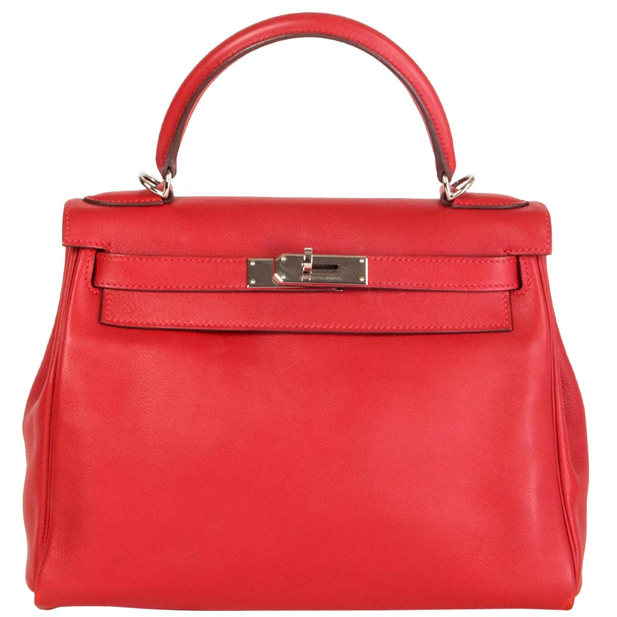 HERMES Rouge Tomate red Swift leather KELLY 28 RETOURNE Bag Palladium