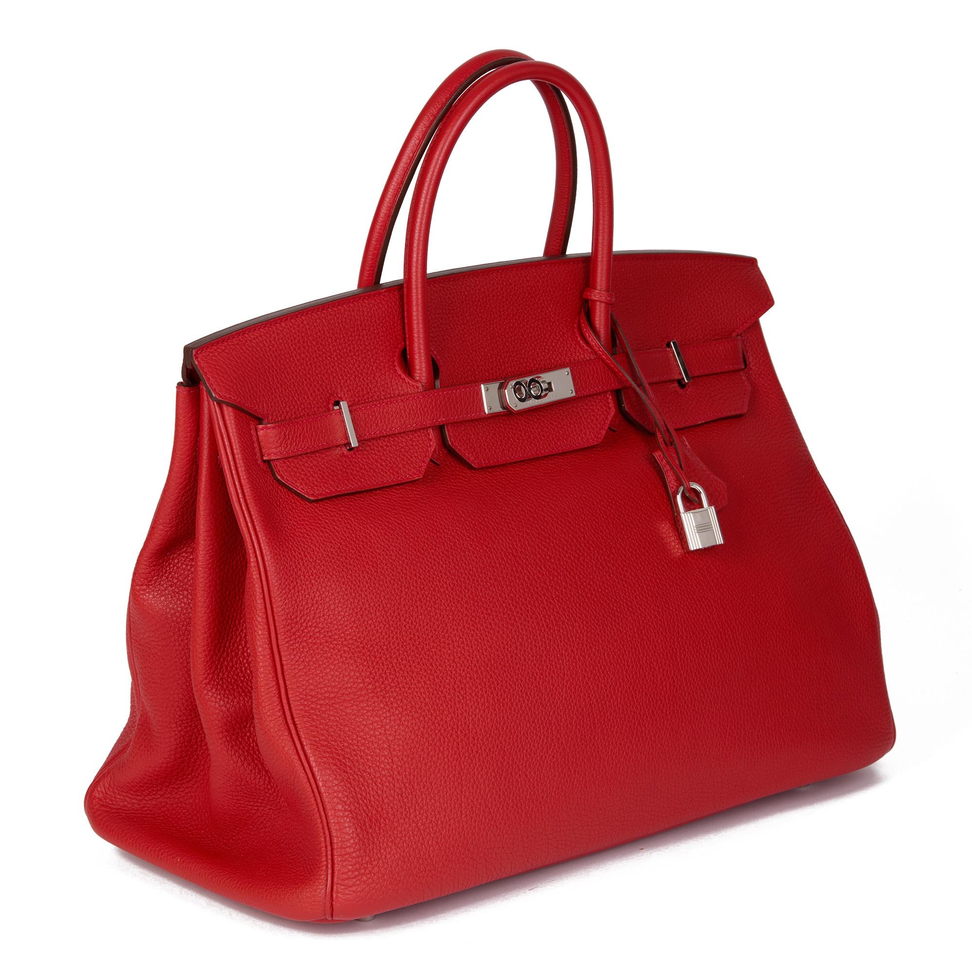 HERMÈS
Rouge Tomate Togo Leather Birkin 40cm

Serial Number: [P]
Age (Circa): 2012
Accompanied By: Hermès Dust Bag, Padlock, Keys, Clochette
Authenticity Details: Date Stamp (Made in France) 
Gender: Ladies
Type: Tote

Colour: Rouge Tomate
Hardware:
