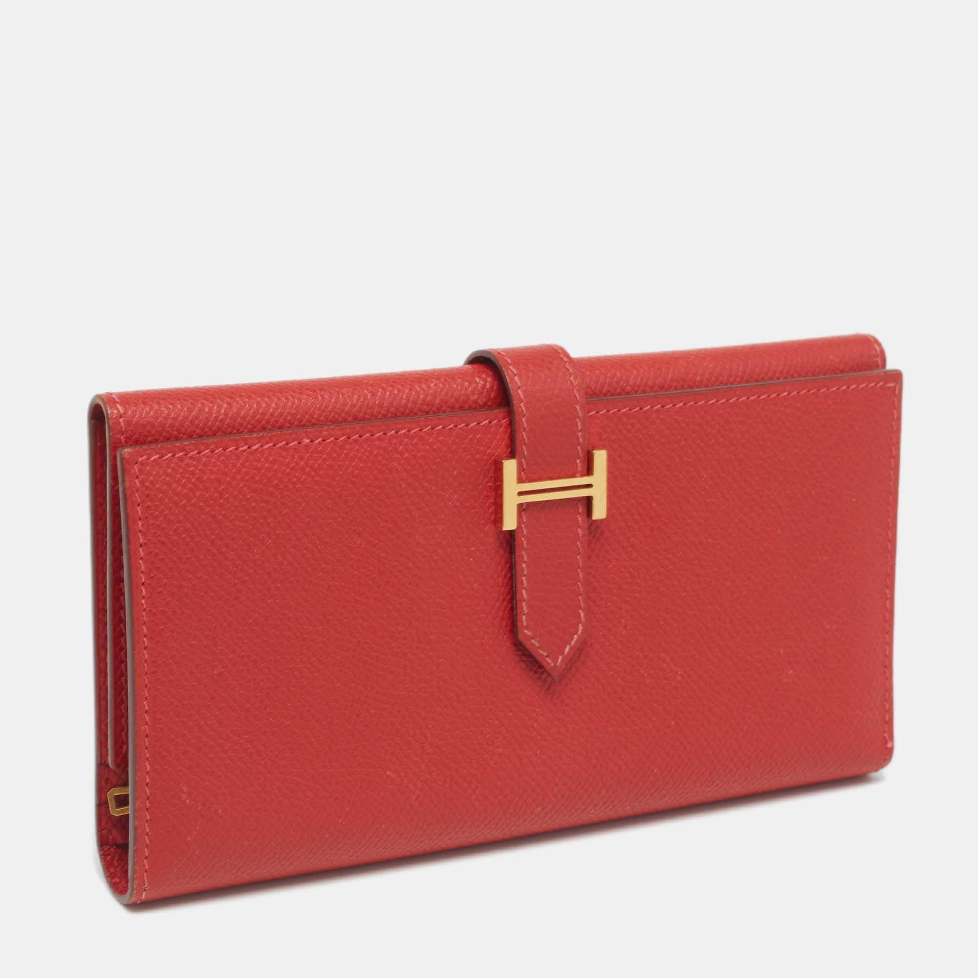 Rosso Portafoglio Hermes Rouge Vif Epsom in pelle Bearn Gusset in vendita