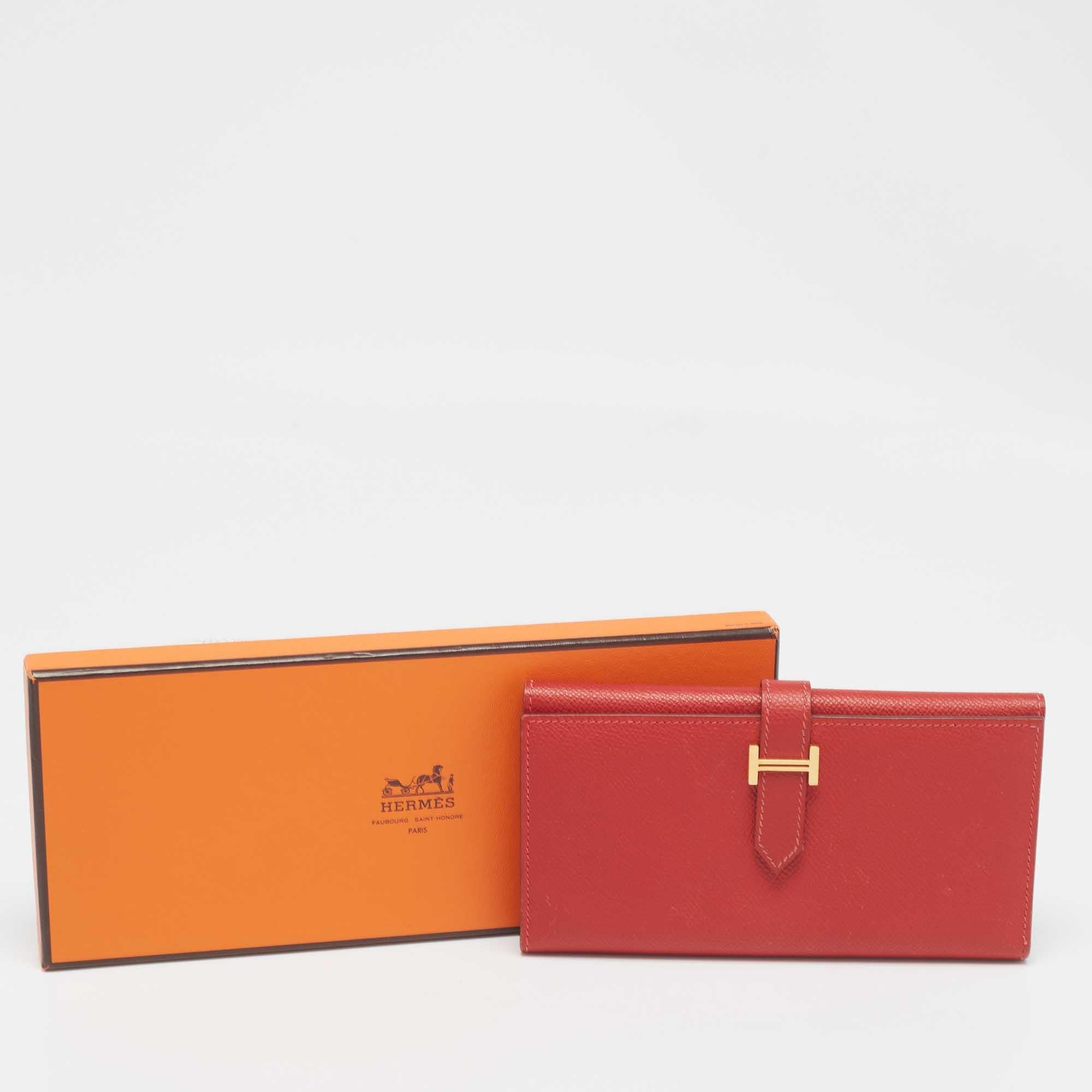 Portafoglio Hermes Rouge Vif Epsom in pelle Bearn Gusset in vendita 2