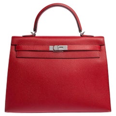 Hermes Rouge Vif Epsom Leather Palladium Hardware Kelly Sellier 35 Bag