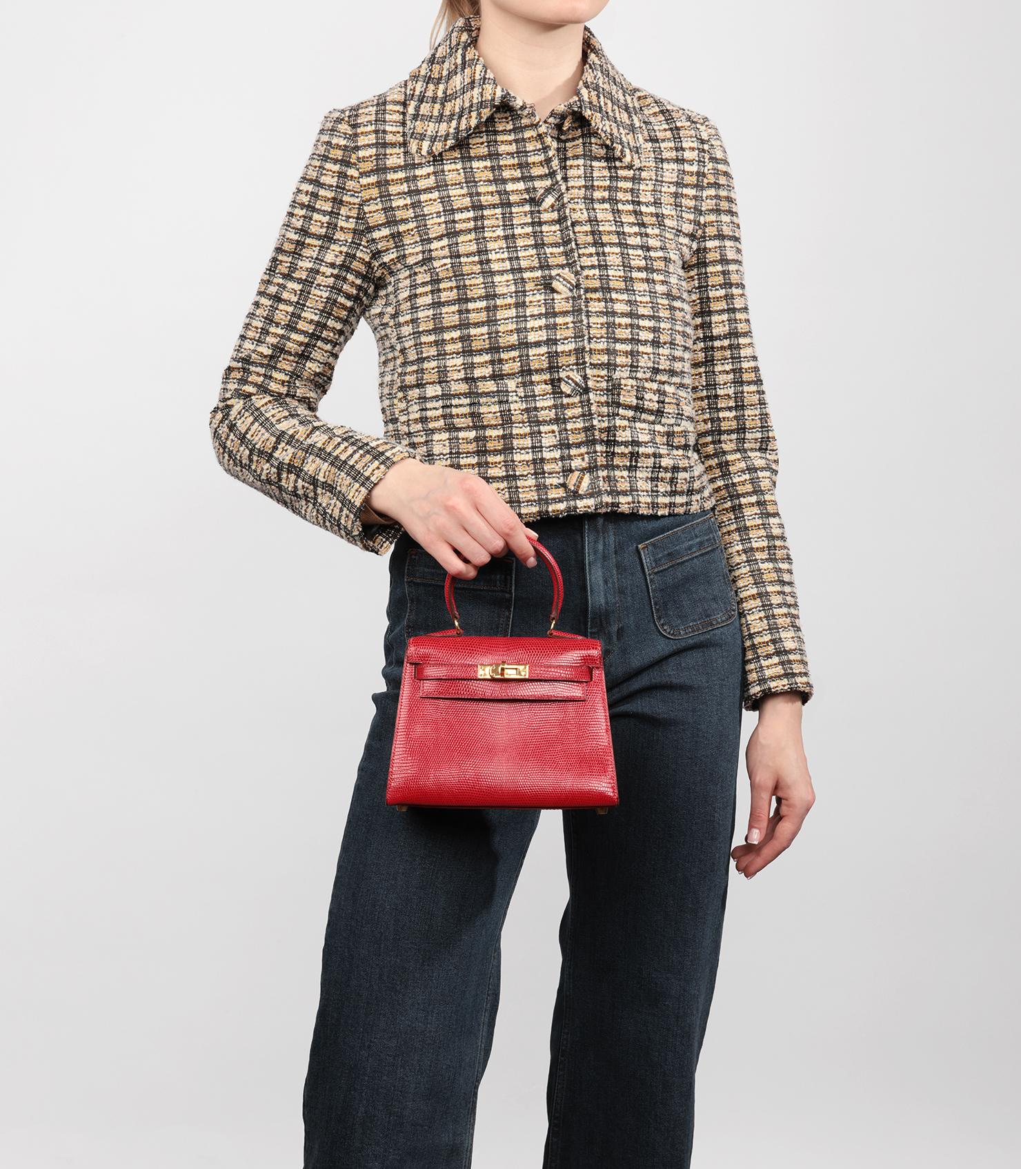 Hermès Rouge Vif Lizard Leather Vintage Kelly 20cm Rojo en venta